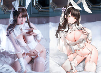 1girl animal_ears artist_self-insert between_legs black_hair blurry breasts cleavage crop_top depth_of_field earrings fake_animal_ears flower frilled_shirt frills garter_straps gluteal_fold groin hair_flower hair_ornament hairband highres jewelry kneeling large_breasts lipstick long_hair looking_at_viewer makeup navel no_pants original panties parted_lips photo-referenced photo_inset rabbit_ears shirt sidelocks solo stomach string_panties thighhighs thighs underbust underwear white_shirt white_thighhighs yellow_eyes yukineko1018