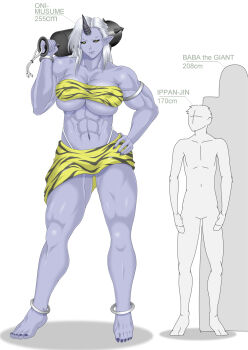 1girl abs animal_print black_sclera blue_oni blue_skin breasts club_(weapon) colored_sclera colored_skin gluteal_fold height_chart height_comparison highres horns kanabou large_breasts long_hair monster_girl muscular oni pointy_ears rareezato12s silver_hair single_horn size_difference spiked_club tiger_print underboob weapon yellow_eyes