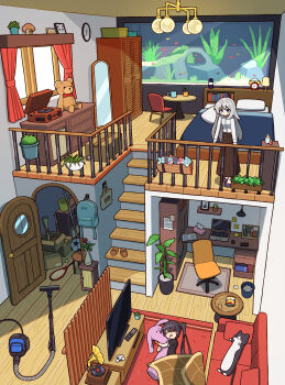 2girls absurdres alarm_clock analog_clock bag ball black_hair black_skirt blanket bookshelf box cardboard_box cheribon clock computer controller couch cup curtains door fish_tank game_controller grey_hair hashtag-only_commentary highres indoors laptop long_hair long_skirt lying mug multiple_girls original phonograph plant potted_plant racket railing remote_control rug scenery shelf skirt slippers soccer_ball standing stuffed_animal stuffed_cat stuffed_toy table teddy_bear television tennis_racket unworn_bag unworn_slippers vacuum_cleaner vase wardrobe wide_shot window wooden_floor