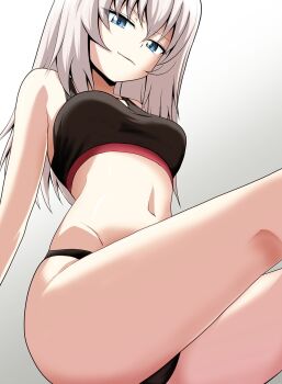 Rule 34 | 1girl, bikini, black bikini, blue eyes, breasts, closed mouth, commentary, girls und panzer, gradient background, grey background, grey hair, highres, itsumi erika, kamishima kanon, long hair, looking at viewer, medium breasts, navel, smile, solo, swimsuit