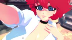 1girl 3d animated black_choker blue_eyes bouncing_breasts breasts bursting_breasts car choker cleavage collared_shirt crosswalk curvy day gigantic_breasts huge_breasts lips looking_at_viewer maxine_(balak) motor_vehicle one_eye_closed outdoors parted_lips phone photo_background red_hair road selfie shirt short_hair solo sound street tagme video walking white_shirt wing_collar wink yves_bigerel