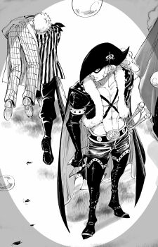 Rule 34 | 3boys, abs, bandana around arm, boots, bubble, carrying, carrying person, chabo (niwatori bosori), commentary, cropped jacket, full body, greyscale, hat, highres, male focus, monochrome, multiple boys, one piece, roronoa zoro, shirt, sideburns, striped clothes, striped shirt, vertical-striped clothes, vertical-striped shirt, x drake