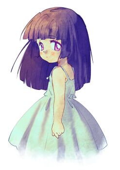 1girl blunt_ends blush child closed_mouth dress furude_rika highres higurashi_no_naku_koro_ni long_hair looking_at_viewer looking_back nekotorine pink_eyes purple_hair solo standing white_background white_dress