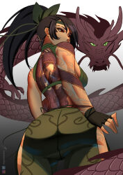 Rule 34 | 1girl, absurdres, akali, arm tattoo, ass, back, black gloves, black hair, breasts, crop top, dragon, dragon tattoo, fingerless gloves, from behind, gloves, green pants, hayashidraws, high ponytail, highres, league of legends, looking back, medium breasts, pants, red eyes, solo, tattoo