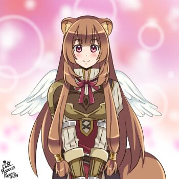 Rule 34 | 1girl, abstract background, animal ear fluff, animal ears, armor, artist name, bird wings, black dress, blunt bangs, blush, breasts, brown armor, brown gloves, brown hair, commentary request, dated, double-parted bangs, dress, elbow gloves, feathered wings, gloves, leather armor, long hair, long sleeves, maroonabyss, medium breasts, metal arm cuffs, metal wrist cuffs, neck ribbon, pauldrons, pink background, pink eyes, pinstripe dress, pinstripe pattern, raccoon ears, raccoon girl, raccoon tail, raphtalia, red dress, red ribbon, ribbon, shoulder armor, signature, single pauldron, sleeveless, sleeveless dress, smile, solo, straight-on, straight hair, tail, tate no yuusha no nariagari, two-tone dress, upper body, white background, white dress, white wings, wings