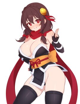 1girl absurdres alternate_costume black_kimono black_thighhighs breasts brown_hair cleavage commission dullahan_(alekey_art) highres japanese_clothes kimono kono_subarashii_sekai_ni_shukufuku_wo! large_breasts looking_at_viewer low_twintails ninja pixiv_commission red_eyes red_scarf scarf short_kimono smile solo strapless_kimono thighhighs twintails yunyun_(konosuba)