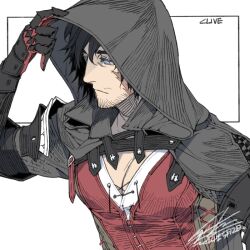 Rule 34 | 1boy, black gloves, black hair, black hood, blue eyes, character name, clive rosfield, cloak, dated, facial hair, final fantasy, final fantasy xvi, gloves, hair between eyes, hiryuu (kugelcruor), hood, hood up, hooded cloak, looking down, male focus, pectorals, red vest, scar, scar on face, short hair, signature, solo, stubble, upper body, vest, white background