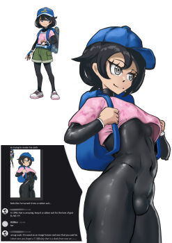Rule 34 | 1boy, 396bun, absurdres, adapted costume, backpack, bag, black bodysuit, black eyes, black hair, blue hat, bodysuit, bulge, female protagonist (pokemon ww), genderswap, genderswap (ftm), hat, highres, nintendo, pokemon, pokemon ww, reference inset, shirt, short hair, skin tight, solo, standing, trap, variant set