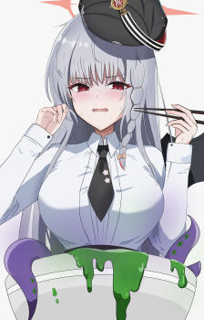 1girl absurdres bad_food black_hat black_necktie blue_archive blush bow braid breasts chopsticks collared_shirt commentary demon_girl demon_wings dress_shirt eyelashes frown grey_hair hair_between_eyes hair_bow halo hands_up haruna_(blue_archive) hat highres holding holding_chopsticks large_breasts long_hair long_sleeves looking_at_food montsuko necktie open_mouth pan-chan_(blue_archive) peaked_cap pink_halo red_eyes school_uniform shaded_face shirt short_necktie simple_background single_braid single_wing solo straight_hair sweatdrop tsurime upper_body very_long_hair wavy_mouth white_background white_shirt wings yellow_bow