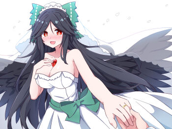 1girl 1other alternate_costume bird_wings black_hair black_wings blush bow breasts bridal_veil bride cleavage collarbone commentary_request commission dress feathered_wings green_bow hair_bow happy_tears highres hiro_(pqtks113) holding_hands jewelry long_hair looking_at_viewer open_mouth red_eyes reiuji_utsuho ring skeb_commission smile strapless strapless_dress tears third_eye third_eye_on_chest touhou veil very_long_hair wedding_dress white_dress wing wings