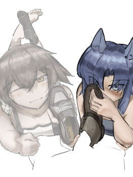 2girls absurdres animal_ears arknights barefoot blue_hair blush brown_hair cum fang_(arknights) feet highres long_hair looking_at_viewer lying medium_hair multiple_girls on_stomach one_eye_closed operatorut plume_(arknights) shoejob shoes smile socks soles toes unworn_shoes unworn_socks yellow_eyes