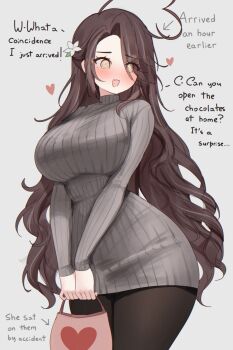Rule 34 | @ @, ahoge, bag, blush, breasts, brown eyes, brown hair, commentary, embarrassed, english commentary, flower, grey sweater, hair flower, hair ornament, heart, heart ahoge, highres, holding, holding bag, huge ahoge, indie virtual youtuber, large breasts, long hair, open mouth, sky above me, sky above me (vtuber), speech bubble, sweater, valentine, very long hair, virtual youtuber