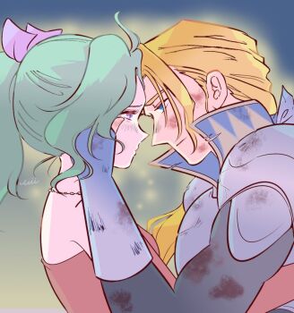 1boy 1girl armor blonde_hair blue_eyes blue_gloves blue_ribbon blurry blurry_background blush couple dirty dirty_clothes dirty_face dress edgar_roni_figaro final_fantasy final_fantasy_vi forehead-to-forehead gloves gold_trim green_hair hair_ribbon hand_in_another&#039;s_hair heads_together hetero ika_okura_66 long_hair looking_at_another low_ponytail parted_bangs pink_ribbon ponytail purple_eyes red_dress ribbon shoulder_armor tina_branford upper_body
