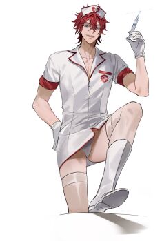 1boy alternate_costume amagi_rinne blue_eyes boots collarbone commentary_request crossdressing crossdressing_(mtf) donburi_rn ensemble_stars! gloves hair_between_eyes hand_on_own_hip hat highres holding holding_syringe korean_commentary looking_at_viewer male_focus nurse nurse_cap panties panty_peek partially_unzipped red_hair short_hair simple_background solo syringe thighhighs thighs underwear white_background white_boots white_gloves white_panties white_thighhighs