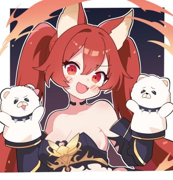 1girl :d animal_ears bare_shoulders black_dress black_sleeves blush_stickers border breasts cerberus_(shingeki_no_bahamut) cleavage collarbone commentary detached_sleeves double-parted_bangs dress fang fox_ears fox_girl hair_between_eyes hand_puppet highres long_hair long_sleeves looking_at_viewer masakamea open_mouth outline outside_border puppet red_eyes red_hair shadowverse shingeki_no_bahamut sidelocks skin_fang smile solo strapless strapless_dress twintails upper_body white_border white_outline