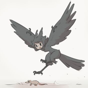 Rule 34 | 1girl, :o, bird girl, bird tail, bird wings, black eyes, black feathers, black hair, blush stickers, brown background, catching, check copyright, claws, commentary, copyright request, dilated pupils, english commentary, feather hair, feathers, floating hair, flying, harpy, highres, hunting, looking down, monster girl, mouse (animal), open mouth, original, short hair, simple background, swept bangs, swooping, tail, talons, tateoftot, wings