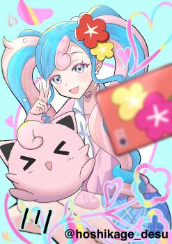 &gt;_&lt; 1girl 1other blue_hair blue_skirt blush fairy_miku_(project_voltage) flower gen_1_pokemon hair_flower hair_ornament hatsune_miku highres hoshikage_(kngv3584) jigglypuff long_hair looking_at_viewer multicolored_hair nintendo official_alternate_costume official_alternate_hairstyle open_mouth pink_hair pink_shirt plaid_clothes plaid_skirt pokemon project_voltage red_nails shirt skirt smile twintails v very_long_hair vocaloid