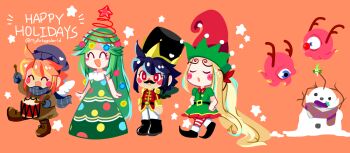 2boys 2girls black_hair blonde_hair blue_scarf blush_stickers brown_hair character_snowman christmas christmas_tree_costume commentary dark_pit dress drum drumsticks elf_hat english_commentary fake_antlers fake_facial_hair fake_mustache green_dress green_hair happy_holidays highres holding holding_drumsticks instrument kid_icarus kid_icarus_uprising long_hair monoeye multiple_boys multiple_girls myartsyworld nintendo nutcracker one-eyed orange_background palutena pit_(kid_icarus) red_eyes scarf smile snare_drum snowman star_(symbol) thanatos_(kid_icarus) very_long_hair viridi