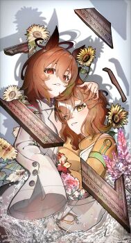 2girls absurdres agnes_tachyon_(tach-nology)_(umamusume) agnes_tachyon_(umamusume) ahoge animal_ears blush brown_hair coat earrings flower grin hair_between_eyes hair_ornament hairclip hand_on_another&#039;s_head highres horse_ears horse_girl huge_ahoge jacket jewelry jungle_pocket_(champion&#039;s_battle_cry)_(umamusume) jungle_pocket_(umamusume) lab_coat long_sleeves medium_hair mouchu multicolored_hair multiple_girls open_mouth picture_frame red_eyes single_earring sleeves_past_fingers sleeves_past_wrists smile streaked_hair sunflower umamusume white_coat white_hair yellow_eyes yellow_jacket