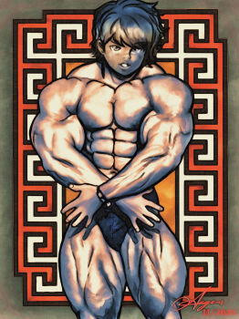 1boy abs bodybuilder flexing highres large_pectorals male_focus muscular muscular_male pectorals swimsuit