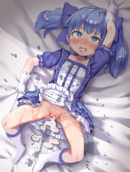 1girl absurdres aftersex arm_up artist_request bed bed_sheet blue_dress blue_eyes blue_hair blue_ribbon blush bobby_socks breasts censored choker clothes_lift collarbone cum cum_bubble cum_in_mouth cum_in_nose cum_in_pussy cum_on_body cum_on_tongue cum_pool cumdrip dress dress_lift empty_eyes eyebrows eyebrows_hidden_by_hair facial facing_viewer female_focus frilled_dress frills from_above fucked_silly full_body gloves gluteal_fold hair_ornament hair_ribbon highres loli lying mosaic_censoring nijisanji no_panties on_back on_bed open_mouth pussy ribbon ribbon_choker sheet_grab shiny_skin short_hair short_sleeves small_breasts snot socks solo spread_legs sweat tears teeth tongue tongue_out twintails virtual_youtuber white_gloves white_socks yuuki_chihiro