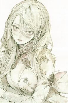 1girl 7na5go braid cleavage_cutout clothing_cutout commentary_request floral_print hair_between_eyes hair_over_shoulder lineart long_hair mandarin_collar original ribbon side_braid side_part solo traditional_media upper_body