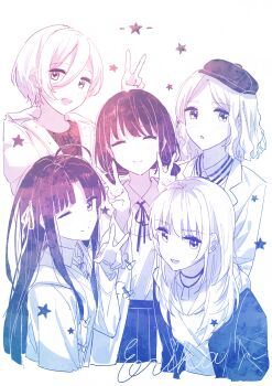5girls absurdres ahoge awa_subaru blue_theme blush closed_eyes closed_mouth commentary_request double_v ebizuka_tomo erika_(user_spth3377) girls_band_cry hair_between_eyes hair_ribbon hat highres hood hoodie iseri_nina jacket jewelry kawaragi_momoka long_hair long_hair_between_eyes low_twintails monochrome multicolored_hair multiple_girls neck_ribbon necklace necktie one_eye_closed open_mouth parted_bangs ribbon roots_(hair) rupa_(girls_band_cry) school_uniform shirt short_hair short_twintails simple_background star_(symbol) sweater togenashi_togeari twintails v w white_background