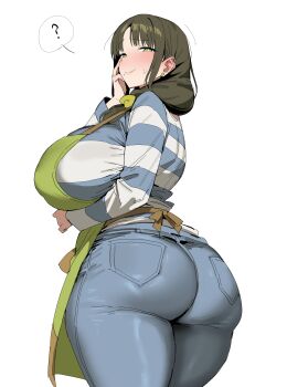 1girl ? absurdres ass blue_pants blush breasts bright_pupils brown_hair closed_mouth commentary_request denim green_eyes highres huge_ass huge_breasts indie_virtual_youtuber jeans looking_at_viewer mature_female mole mole_under_mouth pants shirt simple_background smile solo spoken_question_mark striped_clothes striped_shirt tsukushibara_sumine virtual_youtuber white_background white_pupils wide_hips xipa