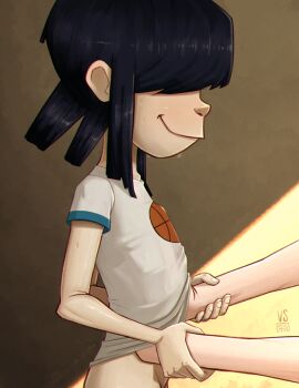 age_difference bad_tag blinding_bangs bottomless consensual_sexual_act female flat_chest gorillaz grabbing_another&#039;s_arm hair_over_eyes hand_on_another&#039;s_chest hand_under_clothes hand_under_shirt loli noodle_(gorillaz) nude shirt short_hair smile standing sweat sweatdrop tomboy vsdrawfag