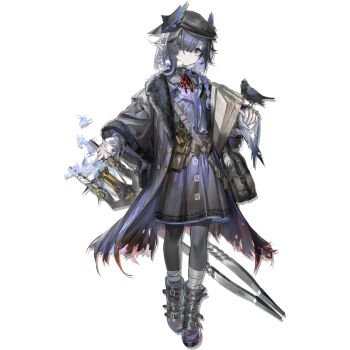 Rule 34 | 1girl, arknights, bag, bandaged ankle, belt, belt boots, belt pouch, beret, binoculars, bird, bird girl, bird on hand, black belt, black boots, black choker, black hat, blood, blood on clothes, blunt bangs, boots, braid, brass knuckles, brown belt, burnt clothes, buttons, choker, coat, collared dress, double-breasted, dress, earrings, feather hair, full body, fur-trimmed coat, fur-trimmed dress, fur trim, grey belt, grey coat, grey thighhighs, hair over one eye, hat, high collar, holding, holding newspaper, holding scissors, huge weapon, jewelry, looking at viewer, mole, mole under eye, multicolored boots, newspaper, non-web source, official art, open clothes, open coat, pleated dress, pointy ears, pouch, purple boots, purple dress, purple eyes, purple hair, ring, sarafan, scissors, short hair, shoulder bag, shoulder belt, side braid, sidelocks, simple background, single earring, solo, standing, star (symbol), star earrings, tachi-e, thighhighs, torn clothes, torn coat, torn dress, transparent background, twin braids, two-tone boots, ukusik (arknights), weapon, wide sleeves, zheshe jing