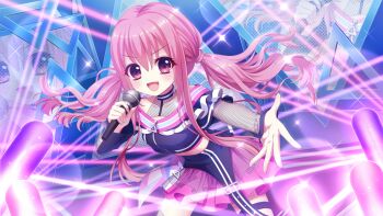 1girl :d above-cleavage_cutout asahi_hina bare_shoulders blush breasts clothing_cutout collarbone concert cowboy_shot crop_top dot_nose film_grain fishnet_sleeves fishnets game_cg glowstick holding holding_microphone idol idol_clothes izumi_tsubasu laser leaning_forward long_hair looking_at_viewer low_twintails microphone midriff non-web_source off_shoulder official_art open_mouth outstretched_arm pink_eyes pink_hair pink_skirt re:stage! screen sidelocks skirt small_breasts smile solo sparkle stage_lights thigh_strap twintails