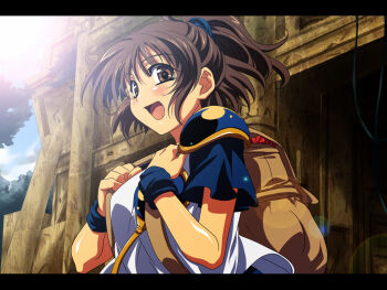 Rule 34 | 1girl, arle nadja, armor, backpack, bad id, bag, brown eyes, brown hair, building, female focus, half updo, happy, letterboxed, light rays, madou monogatari, mekabu, open mouth, outdoors, ponytail, puyopuyo, randoseru, ruins, short hair, smile, solo, sparkle, sunbeam, sunlight, tree, wristband