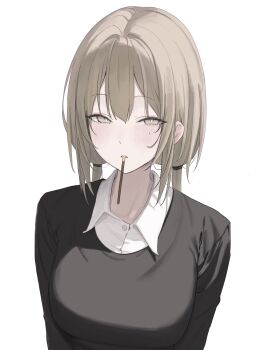 1girl absurdres black_sweater blonde_hair blush breasts collared_shirt food food_in_mouth highres laneigu large_breasts long_hair looking_at_viewer low_twintails mole mole_under_eye narrowed_eyes original pocky pocky_in_mouth raised_eyebrows shirt shirt_under_sweater sidelocks simple_background solo sweat sweater twintails upper_body white_background white_shirt yellow_eyes yuzu_(laneigu)