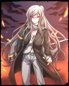 Rule 34 | 1girl, black border, black jacket, border, breasts, cleavage, closed mouth, cloud, commentary request, cowboy shot, danganronpa (series), danganronpa 3 (anime), dark persona, embers, eyelashes, glasses, grey hair, grey pants, grey scarf, grey shirt, holding, holding sword, holding weapon, jacket, long hair, official alternate costume, official alternate hairstyle, open clothes, open jacket, pants, pekoyama peko, red eyes, scarf, shirt, sky, solo, spoilers, sword, weapon, zi huahuo