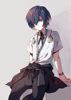 1boy arms_at_sides black_jacket black_pants black_ribbon blue_eyes blue_hair closed_mouth clothes_around_waist commentary_request digital_media_player digital_walkman earphones feet_out_of_frame fingernails frown gekkoukan_high_school_uniform grey_background hair_between_eyes highres jacket jacket_around_waist looking_to_the_side lor_(roasyerizyonirapi) male_focus pants persona persona_3 ribbon school_uniform shirt short_hair short_sleeves simple_background sitting solo walkman_nw-s203f watch white_shirt wristwatch yuuki_makoto_(persona_3)