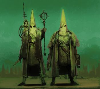 2others absurdres capirote cultist dagger dual_wielding full_body green_theme gun handgun highres holding holding_staff knife mgrisovaka multiple_others original sheath staff standing weapon