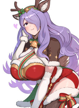 1girl absurdres adjusting_hair animal_ears antlers blush breasts brown_capelet camilla_(fire_emblem) camilla_(flurry_embrace)_(fire_emblem) capelet closed_mouth commentary_request deer_ears dress elbow_gloves fake_animal_ears fake_antlers fire_emblem fire_emblem_fates fire_emblem_heroes fur-trimmed_capelet fur-trimmed_dress fur_trim gloves gonzarez hair_over_one_eye hand_up headband heart highres horns huge_breasts long_hair looking_at_viewer nintendo official_alternate_costume purple_eyes purple_hair red_dress reindeer_antlers santa_costume santa_dress simple_background smile solo thick_thighs thighhighs thighs very_long_hair wavy_hair white_background white_gloves