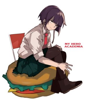 10s 1girl ankle_boots bad_id bad_pixiv_id black_pantyhose boku_no_hero_academia boots burger copyright_name female_focus food green_skirt jiro_kyoka necktie pantyhose pleated_skirt plug purple_eyes purple_hair shina_000 short_hair short_sleeves sitting skirt smile solo