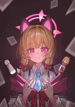 Rule 34 | 1girl, absurdres, animal ear headphones, animal ears, blonde hair, blue archive, blue necktie, blush, bow, cat ear headphones, cat ears, closed mouth, collared shirt, commentary, cong bing, doodle sensei (blue archive), fake animal ears, halo, headphones, highres, jacket, kokeshi, looking at viewer, momoi (blue archive), necktie, pink eyes, pink halo, red bow, sensei (blue archive), shirt, short hair, smile, solo, white jacket, white shirt