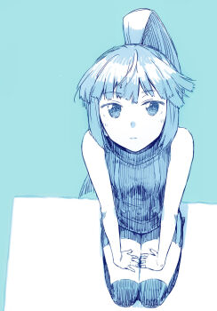 Rule 34 | 1girl, akatsuki (log horizon), blue theme, commentary request, female focus, from above, highres, log horizon, looking at viewer, looking up, monochrome, ponytail, puyo (puyotopia), seiza, simple background, sitting, sketch, sleeveless, sleeveless turtleneck, solo, thighhighs, turtleneck