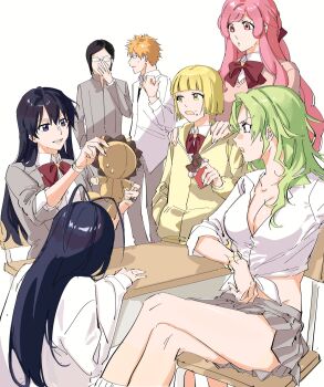 4boys 5girls antenna_hair bambietta_basterbine black_eyes black_hair blazer bleach bleach:_sennen_kessen-hen blonde_hair bob_cut bow bowtie bracelet breasts brown_vest candice_catnipp chair character_doll chocolate cleavage collared_shirt crossdressing crossdressing_(mtf) crossed_legs doll elbows_on_table food food_on_face gakuran giselle_gewelle glasses green_eyes green_hair grey_jacket grey_pants grey_skirt hair_between_eyes hair_over_shoulder half_updo hand_in_pocket hand_on_another&#039;s_shoulder highres holding holding_chocolate holding_doll holding_food hood hoodie ishida_uryuu jacket jewelry kon_(bleach) kurosaki_ichigo large_breasts legs liltotto_lamperd long_hair long_sleeves looking_at_another looking_at_viewer meninas_mcallon messy_hair midriff midriff_peek miniskirt multiple_boys multiple_girls nanao_parakeet on_chair open_mouth orange_hair pants parted_lips pink_eyes pink_hair pleated_skirt pointing pointing_at_another profile quincy_(bleach) red_bow red_bowtie school_uniform shirt short_hair sidelocks simple_background sitting skirt sleeves_rolled_up spiked_hair stuffed_animal stuffed_lion stuffed_toy sweat sweatdrop sweater table thighs tied_shirt trap vest watch white_background white_shirt white_sweater wristwatch yellow_eyes yellow_hoodie