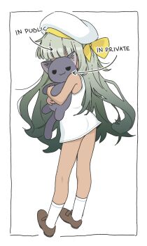 Rule 34 | 1girl, absurdres, animal, brown shoes, cat, commentary, dark-skinned female, dark skin, dress, english commentary, green hair, hat, highres, holding, holding animal, kneehighs, long hair, orenjipiiru, original, ribbon, shoes, short dress, simple background, socks, standing, very long hair, white background, white dress, white hat, yellow ribbon