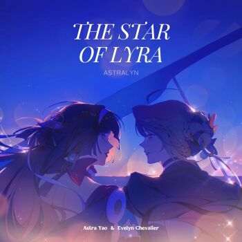 2girls astra_yao back bead_necklace beads black_coat black_hair blonde_hair blush character_name coat coat_on_shoulders commentary english_commentary english_text evelyn_chevalier eye_contact from_behind gloves hairband half_gloves highres instrument jacket jewelry long_hair long_ribbon looking_at_another multiple_girls necklace night night_sky outdoors piano purple_eyes red_jacket red_lips red_ribbon red_shrug ribbon ring_hair_ornament saskeboom shrug_(clothing) single_half_glove sky sparkle star_(sky) starry_sky upper_body white_hairband yuri zenless_zone_zero