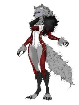 1girl animal_ears animal_nose body_fur breasts claws closed_mouth digitigrade full_body furry furry_female grey_fur highres simple_background smile snout solo standing tail wolf wolf_girl