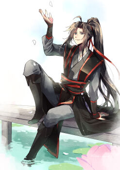 1boy ahoge bishounen black_boots black_hair black_hanfu black_sash black_tunic boots chinese_clothes closed_mouth falling_petals fduki_maro flower grey_eyes grey_pants grey_shirt hair_ribbon hand_up hanfu highres knee_up lily_pad long_hair long_sleeves looking_at_viewer lotus male_focus modao_zushi official_alternate_costume outdoors pants petals pier pink_flower ponytail red_ribbon red_sash ribbon sash shirt sidelocks sitting smile soaking_feet solo tassel tunic twitter_username very_long_hair water wei_wuxian wei_wuxian_(yunmeng_clan) yaopei