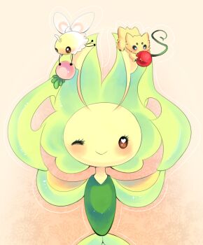 berry_(pokemon) cheri_berry cutiefly drawfag food fruit gen_5_pokemon gen_7_pokemon heart heart-shaped_pupils joltik leavanny looking_at_viewer nintendo no_humans non-web_source one_eye_closed pecha_berry pokemon pokemon_(creature) smile symbol-shaped_pupils