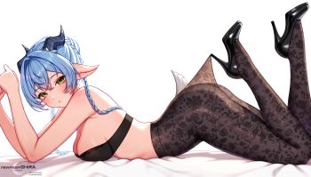 1girl absurdres animal_ears arched_back artist_name ass bare_arms bare_shoulders bed_sheet black_bra black_horns black_pantyhose black_shoes blue_hair blush bra braid breasts bun_with_braided_base commentary crossed_bangs english_commentary feet_up floral_print from_side goat_ears goat_girl goat_horns goat_tail green_eyes hair_between_eyes hair_bun hands_up high_heels highres hooked_on_heel horns lace_pantyhose_hooked_on_heel_(meme) legs long_hair looking_at_viewer looking_to_the_side lucia_elowen lying medium_breasts meme mixed-language_commentary multicolored_eyes newmoonshira on_stomach own_hands_together pantyhose parted_lips print_pantyhose pumps shoes simple_background single_hair_bun solo strapless strapless_bra tail twin_braids twitter_username two-tone_eyes underwear underwear_only white_background yellow_eyes zenless_zone_zero