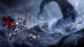 Rule 34 | 3girls, aircraft, azur lane, blonde hair, cape, cloud, cloudy sky, code g (azur lane), creature, enterprise (azur lane), fighting, full body, game cg, highres, hornet (azur lane), hornet (meta) (azur lane), long hair, multiple girls, non-web source, rigging, short hair, siren (azur lane), sky, tentacles, torn cape, torn clothes, twintails, water, white hair, yorktown (azur lane), yorktown (meta) (azur lane)