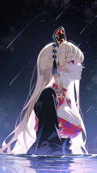 Rule 34 | 1girl, black dress, blonde hair, breasts, cleavage cutout, clothing cutout, commentary, dalachi (headdress), dress, from side, highres, junko (touhou), large breasts, long hair, partially submerged, profile, red eyes, red tabard, reflection, reflective liquid, shooting star, solo, star (sky), tabard, touhou, umou (may65879)