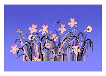 blue_background border bug choo commentary dandelion dandelion_clock dandelion_seed english_commentary film_grain flower gradient_background grass highres no_humans orange_flower original pink_flower plant plant_focus seed simple_background snail third-party_source white_border white_flower